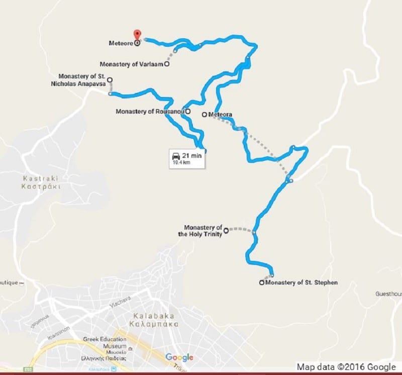 map of Meteora Monasteries and towns below